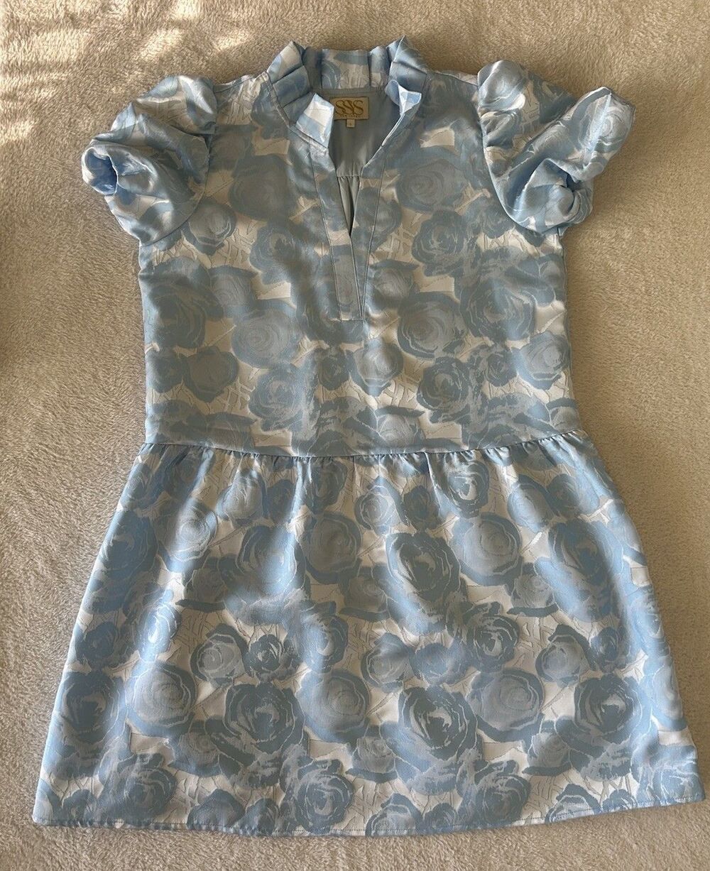 SSYS the label Palmer Puff Sleeve Drop Waist Brocade Dress In Blue Floral Large - Picture 5 of 10
